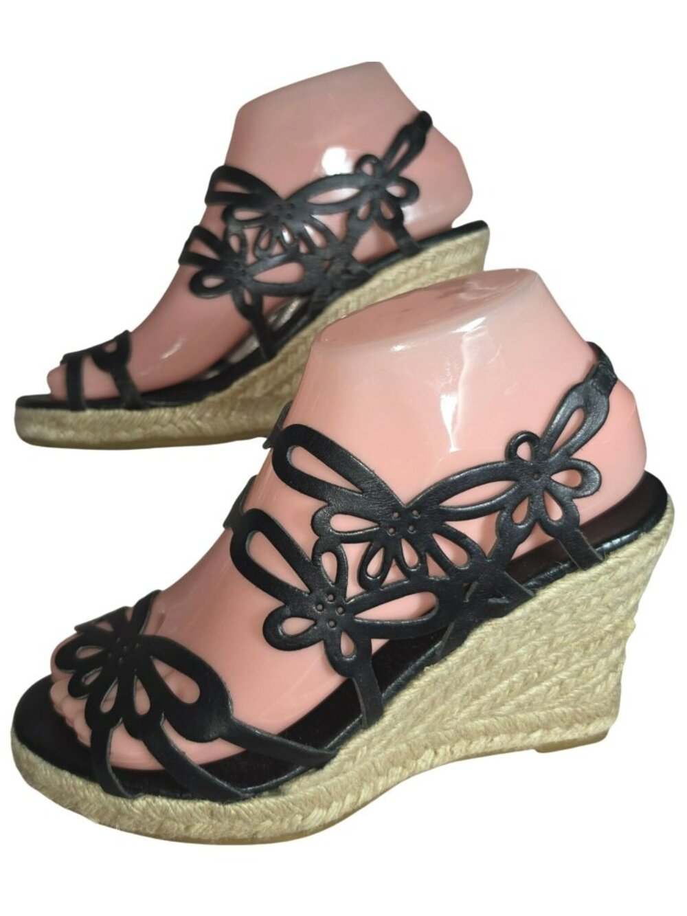 Women's Eric Michael Espadrille Butterfly Black 7 Wedge Sandals Laser Cut Floral